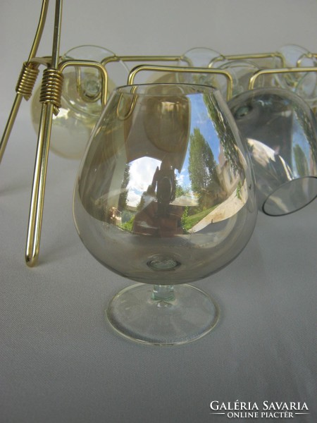 Retro színes üveg konyakos pohár készlet fém állvánnyal