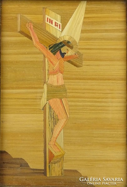 1A382 Keretezett vallási kép szalmakép Krisztus a kereszten 1947