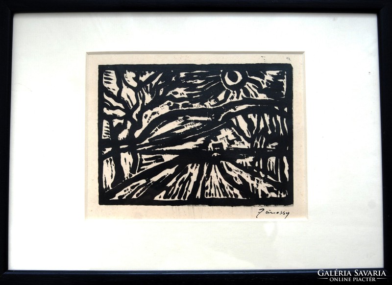 Ferenc Jánossy (1926-1983): expressive landscape - original linoleum engraving, framed