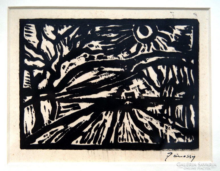 Jánossy Ferenc (1926-1983): Expresszív táj - eredeti linóleummetszet, keretezve