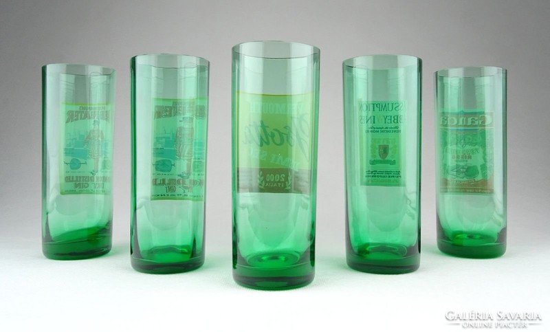 1A411 Régi zöld üveg stampedlis pohár készlet 5 db