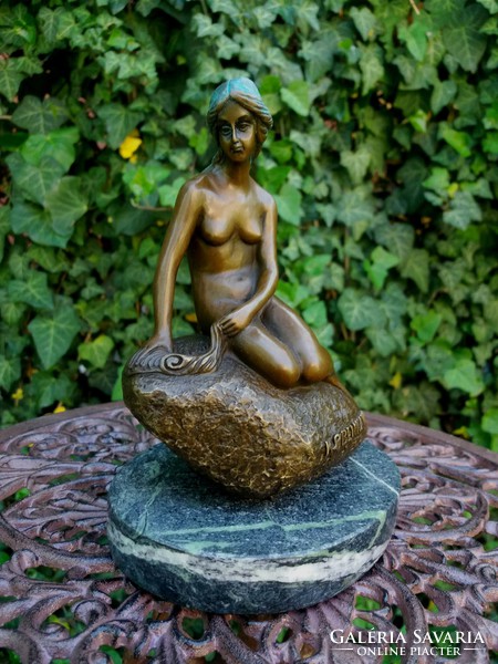 Female nude sitting on a rock - small sculpture bronze statue