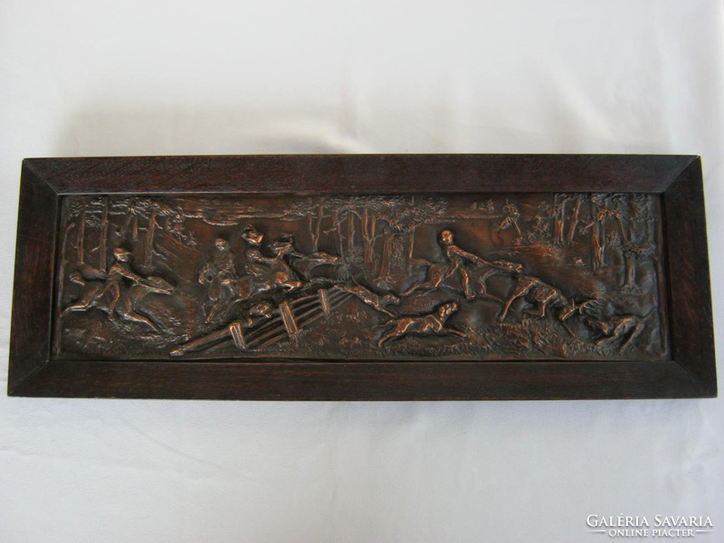 Signed old electroplating bronze or copper relief wall picture lord hunting hunting scene
