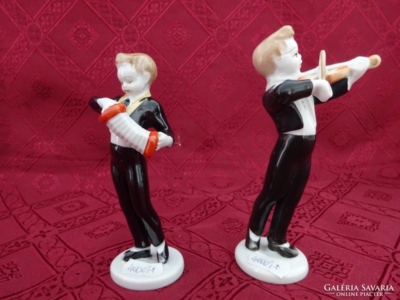 Hollóházi porcelán hegedűs muzsikus fiúk, , magassága 14,5 cm. Vanneki!