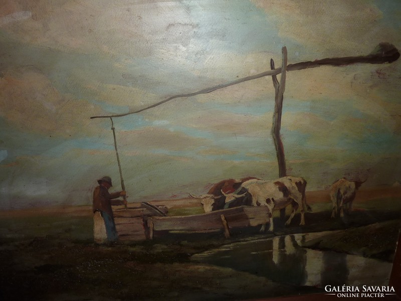 Watering at the boom well, unknown oil-wood plate