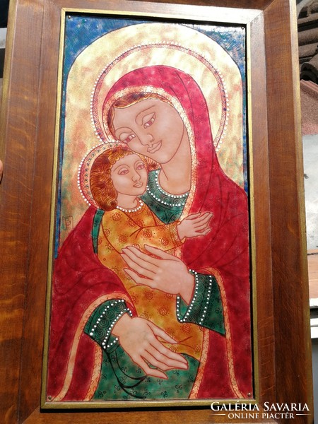 Jelzett művészi Zománc kép tűzzománc. Mária a kis Jézussal. Ikon.
