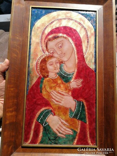 Marked artistic enamel image fire enamel. Mary with baby Jesus. Icon.