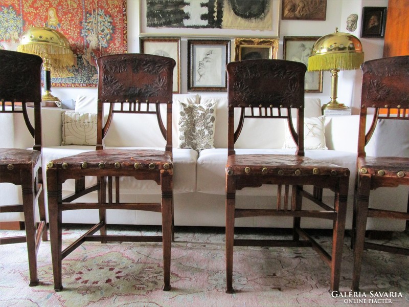 Secession art nouveau chair set 4 pieces original leather upholstery horse chestnut pattern renovated