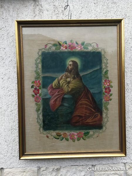 Jesus painting, painted plus circle embroidered with sewn flowers !! Impressive work, praying Jesus. Home blessing