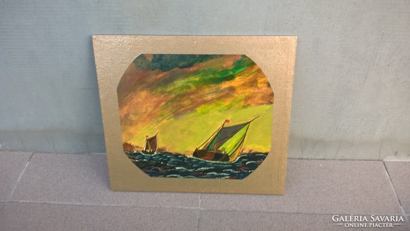 Interesting painting with a small boat 27x23 cm