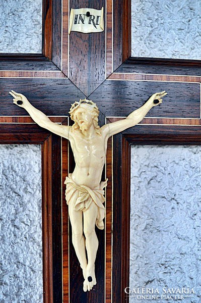36. Antik, CSONT Jézus Krisztus (15.3cm), 45cm impozáns feszület, kereszt, korpusz