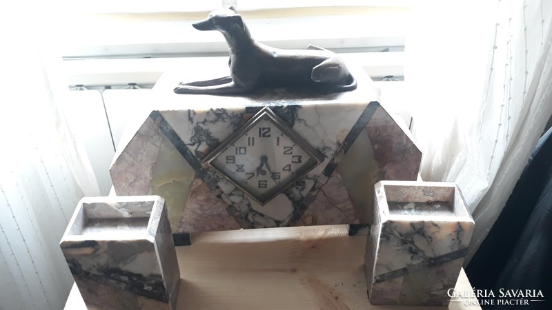 French, marble art deco fireplace clock set, with bronze greyhound/dog