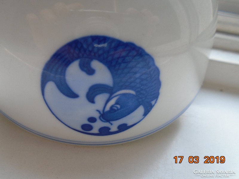Hand-glazed cobalt blue Chinese bowl with a fish pattern