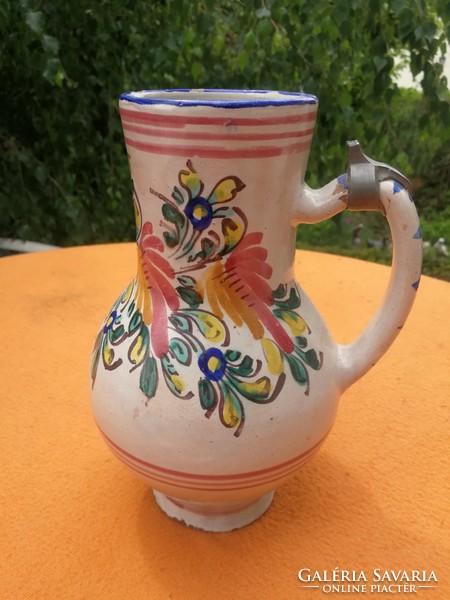 Antique jug, jug sometime with tin lid! Hand-painted, folk Haban style collection excellent!