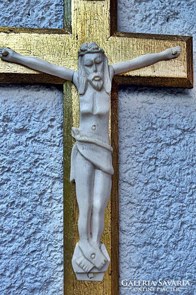 37. Antik, CSONT Jézus Krisztus (19.5cm),36cm impozáns, aranyozott feszület, kereszt, korpusz