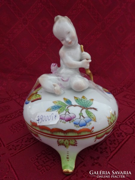 Herend porcelain, Victorian patterned bonbonier. It stands on three legs with a putto handle. He has!