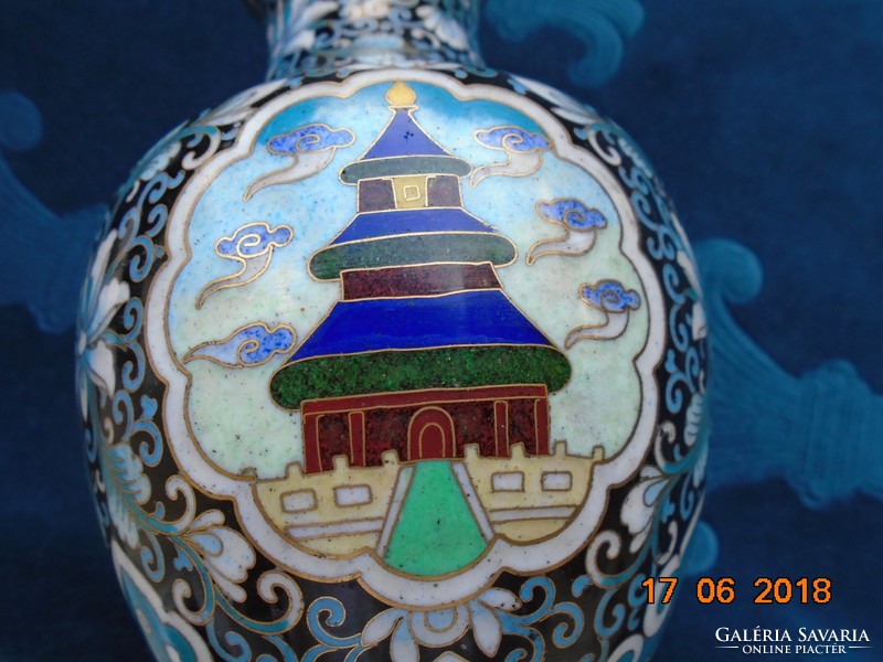Rekeszzománc,cloisonné ,kínai váza színes paloták és lótusz mintákkal 19 cm