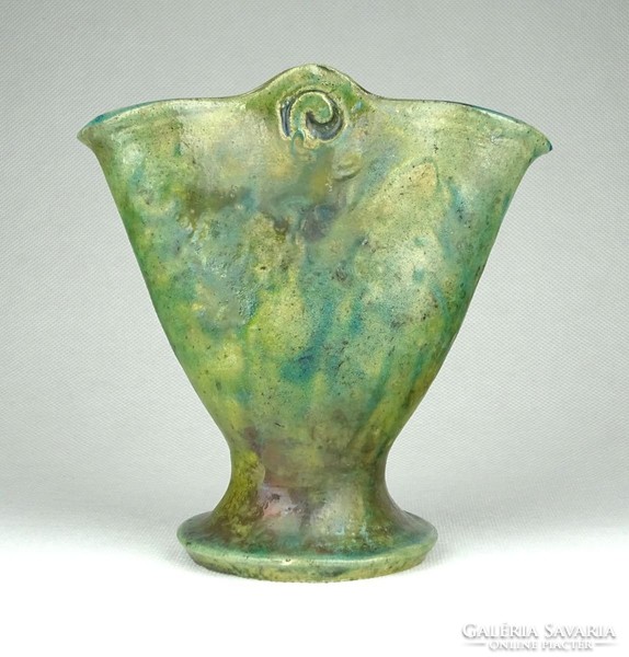 1A731 Hibátlan jelzett zöld iparművészeti kerámia váza 13.5 cm
