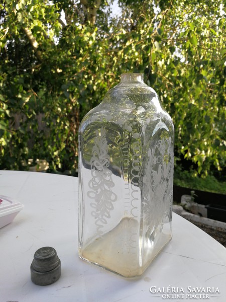Bottle, butella glass, with doves, bottle, blown glass bottle with tin cap, love doves, folk.