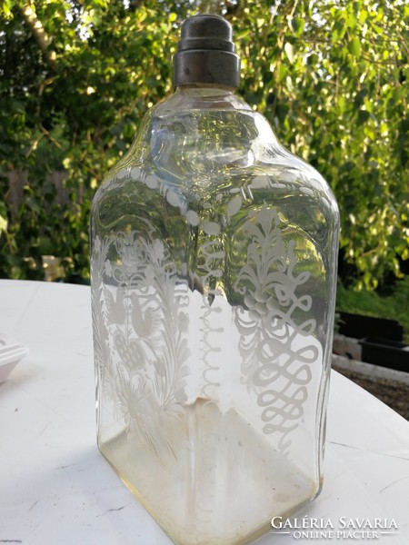 Bottle, butella glass, with doves, bottle, blown glass bottle with tin cap, love doves, folk.