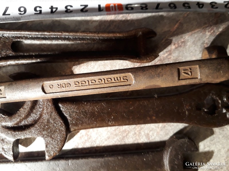6 old tools, wrench