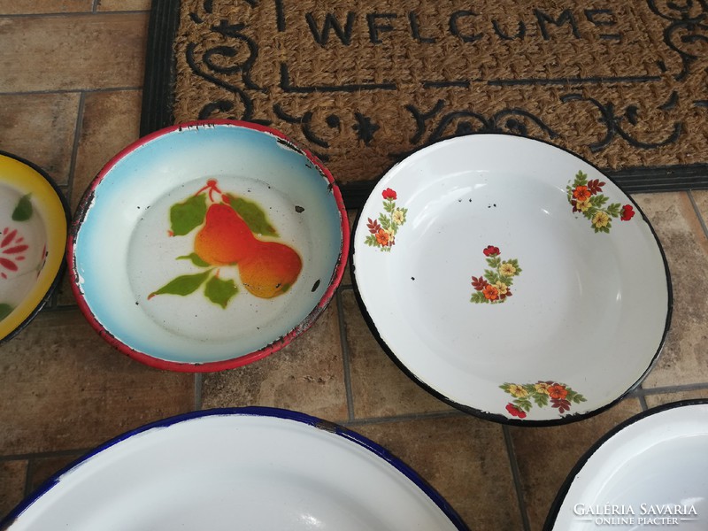 6 db - os zománcos tányér csomag nagy fehér Budafoki ritka 32 cm-es, tálca Körtés Kőbányai, virágos