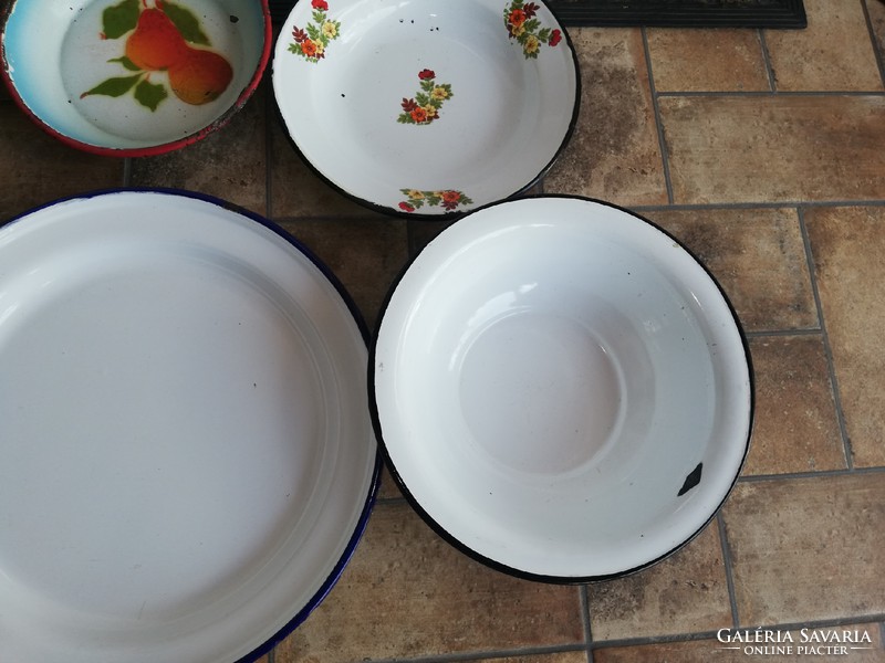 6 db - os zománcos tányér csomag nagy fehér Budafoki ritka 32 cm-es, tálca Körtés Kőbányai, virágos