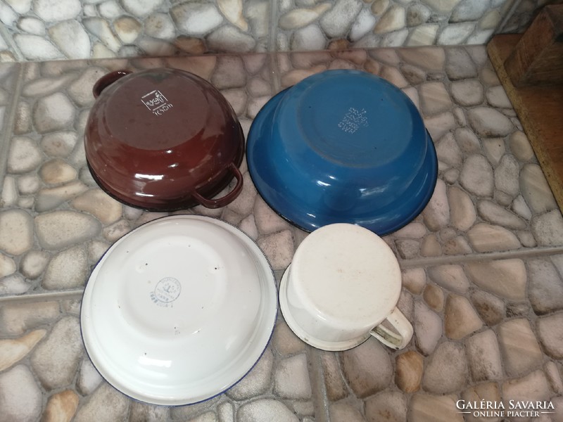 Enamel 4pcs Soccer Mug Flower Plate 16cm Brown Bowl Blue Plate Nostalgia Pieces
