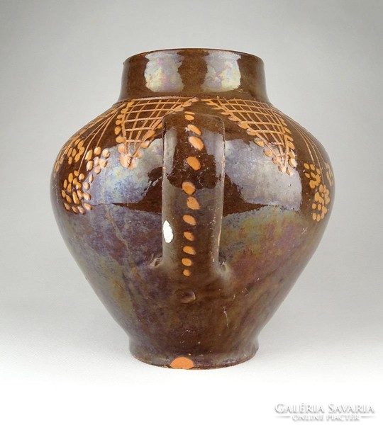 1A683 Régi barna mázas cserép váza 18.5 cm