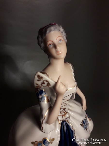 Rare antique - royal dux - baroque lady with fan, original porcelain statue, figurine