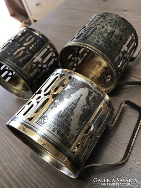 Régi orosz ezüst teás üvegpohár tartó niellós díszítéssel 323gramm