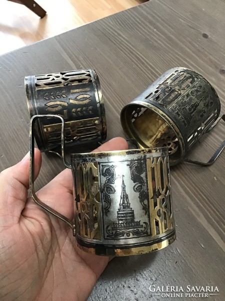 Régi orosz ezüst teás üvegpohár tartó niellós díszítéssel 323gramm