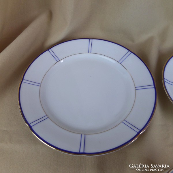 Antik, kék-arany dekoros  3 részes reggeliző porcelán szett, 5 db 