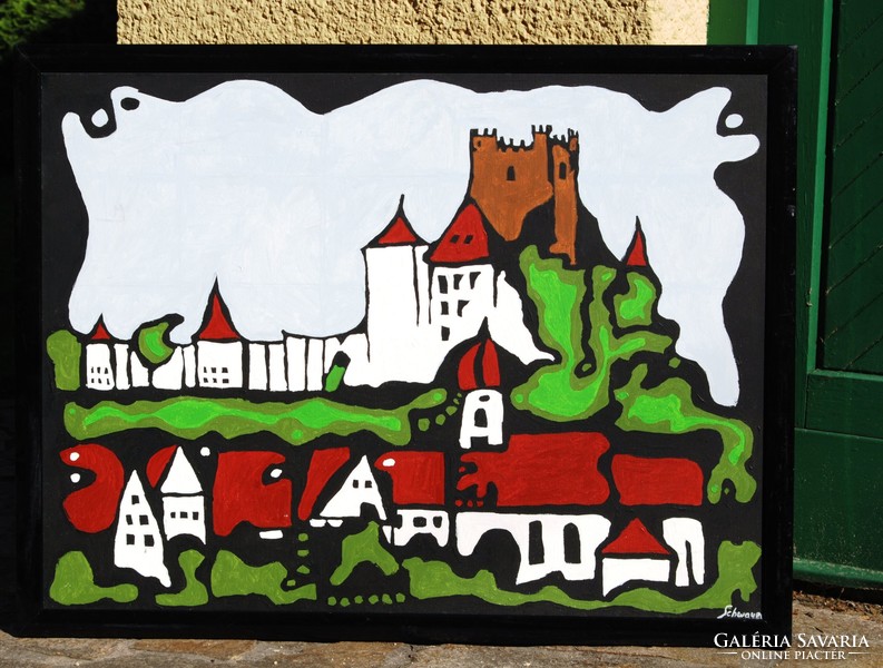 Schwauer: cityscape with castle - oil on canvas painting, frame