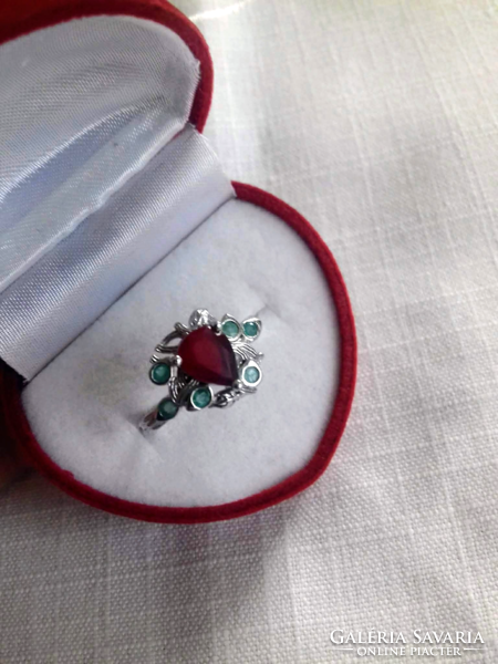 Beautiful natural blood red, ruby & emerald 925 silver ring 6.5/53/16.9