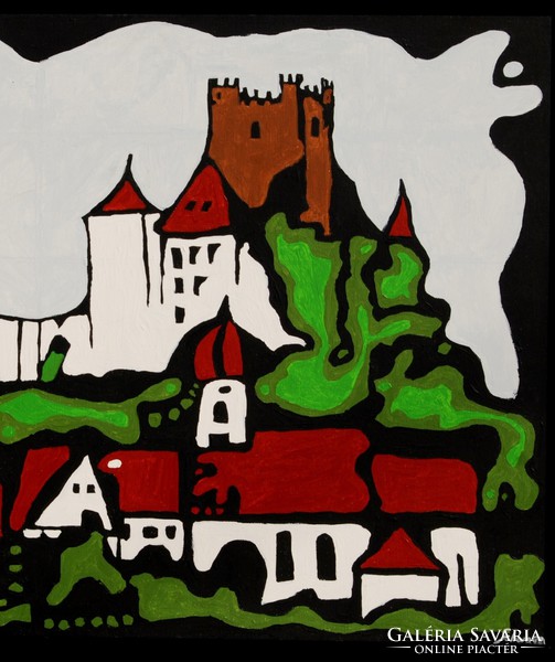 Schwauer: Városrészlet várral - olaj-vászon festmény, kerettel