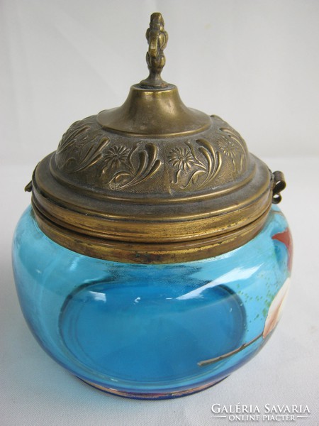 Rosehip old blue glass bonbonier with copper lid