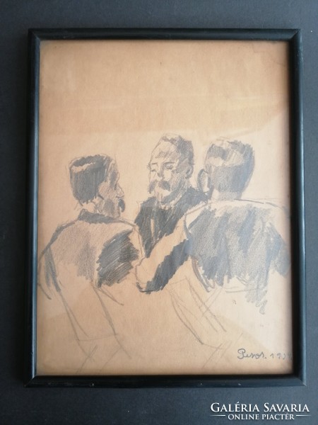 Antik grafika, ceruzarajz, jelzett: "Piros 1934 "- "Társalgó férfiak" - EP
