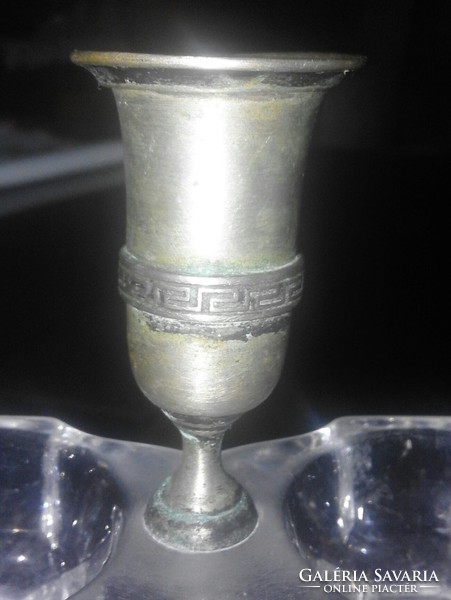 Old patina glass salt holder with copper toothpick holder