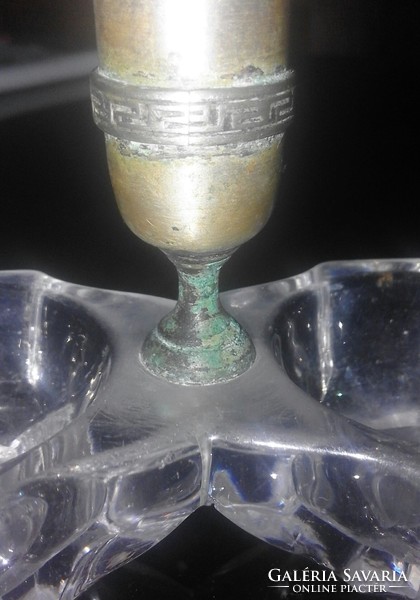 Old patina glass salt holder with copper toothpick holder
