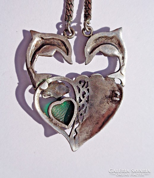 Dolphin marcasite and green stone silver necklace