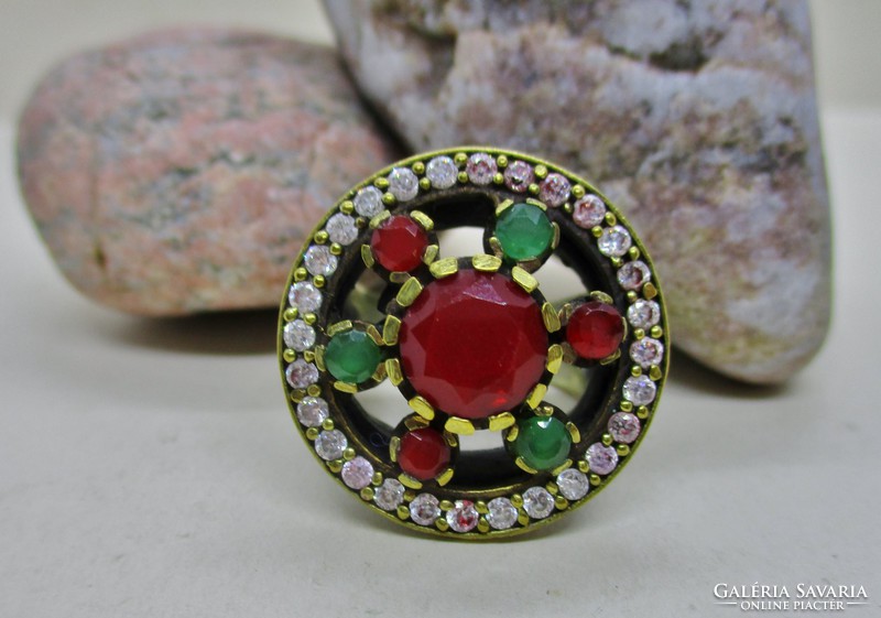 Beautiful large handmade old ring with ruby and emerald colored stones