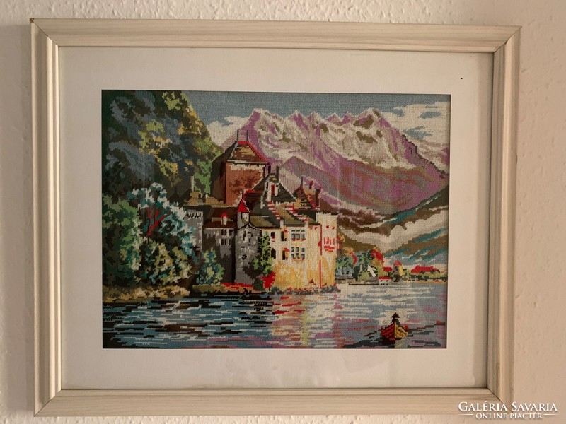 Svájci vár a genfi tó partján. Gobelin kép