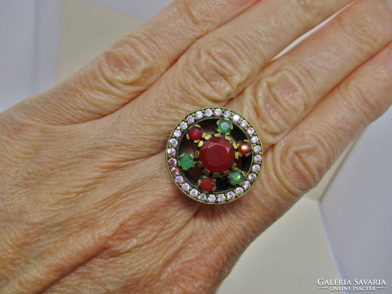 Beautiful large handmade old ring with ruby and emerald colored stones