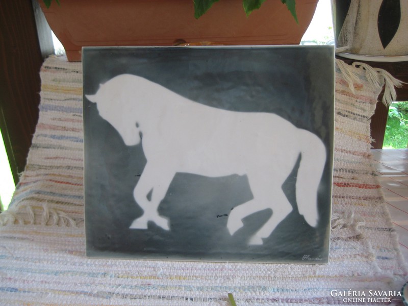 Equestrian, large size, decorative tile, porcelain, signed, from the 60s, 34.5 x 3o cm