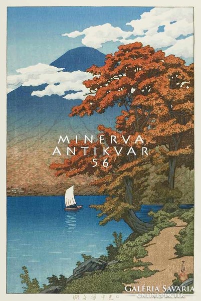Régi japán fametszet - tájkép Fudzsi hegy tópart őszi fák csónak 1930 Kitűnő minőségű reprint nyomat