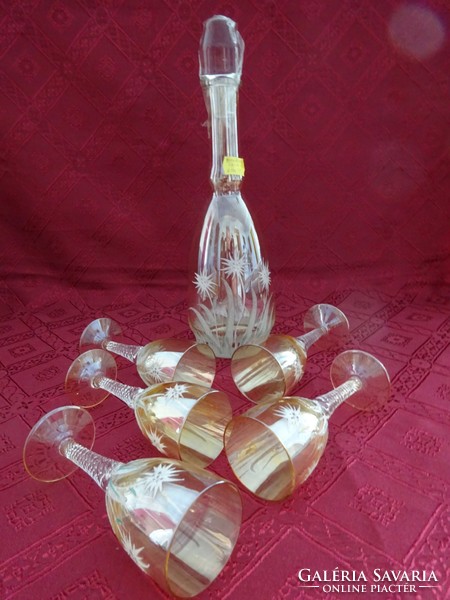 Antique wine bottle with five glasses, hand painted - lychee, alpine pattern. He has!