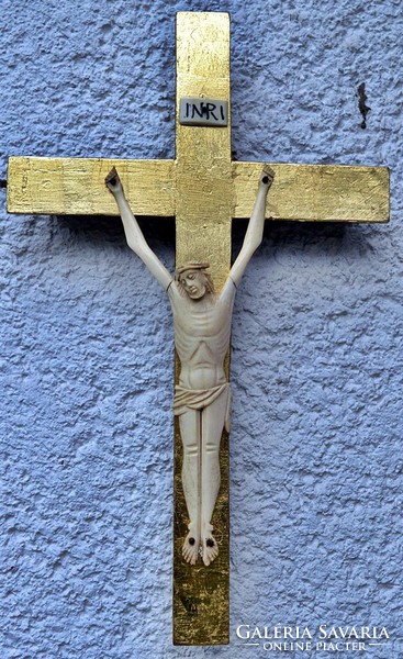 IB. 38. Antik CSONT Jézus Krisztus 16 cm, 34 cm aranyozott feszület, kereszt, korpusz