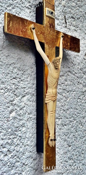 IB. 38. Antik CSONT Jézus Krisztus 16 cm, 34 cm aranyozott feszület, kereszt, korpusz