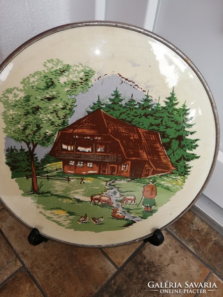 Grünstadt rare collector dish with earthenware insert, earthenware insert, wooded, animal, peasant pattern